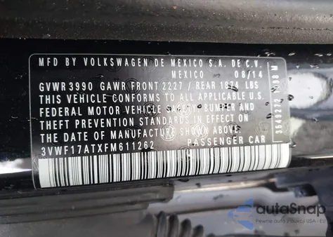 2015 Volkswagen Beetle 1.8T Classic из США, поврежденный, VIN 3VWF17ATXFM611262